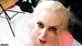Big tit blonde bimbo gets face fucked, slapped around and spit on while gagging on cock.