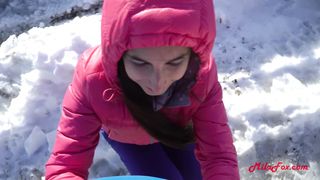 I fucked in the winter on a motorcycle. Creampie in Mila Fox outdor!