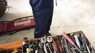 Blonde wife with big tits gets sucks dick in the garage