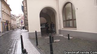 Two men film sex movie with mature in red lingerie