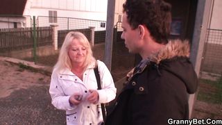 Very old blonde granny rides his young dick