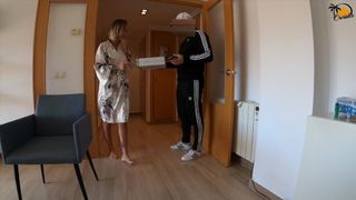 Spanish Pizza Guy gets Surprise BJ and fuck from tattooed blond girl