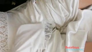 White nylon slip wank & cum