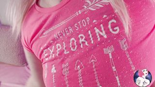 Blonde chubby bombshell touching her boobs and makes handbra