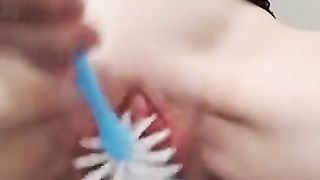 Brutal Pussy Cleaning with Toilet Brush, Close up and Moaning.