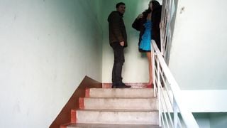 Fucked a neighbor in a fur coat on the stairwell while her husband at work!