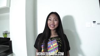 Skinny Asian teen with perky little tits interviews for a maid job