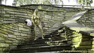 Showing Off Her Tits and Shaved Cunt In Public