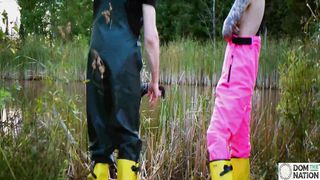 Submissive painslut softened up for painal punishment with some dunks in the pond - Lydia Black and Charlotte Sartre in a real outdoor BDSM sex documentary filmed in Wisconsin