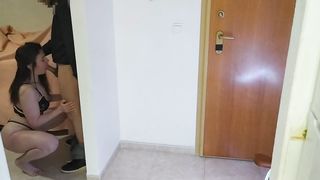 Wife fucks the delivery man while the husband watches. Cuckold fucks after