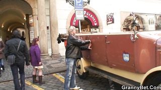 Picked up hairy-pussy granny rides his big dick