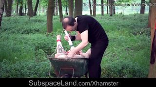 Young slave get tied up and fucked in the garden