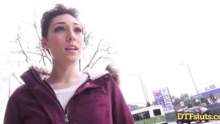 PETITE BRUNETTE LILY LABEAU SWALLOWS EVERY DROP OF JAMES DEEN’S CUM