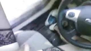 Bear in thigh high nylons jerking off in the car at the park