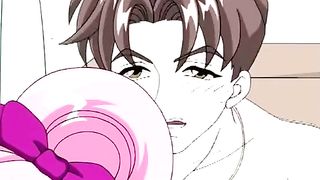 In bed with a pink-haired hentai teen