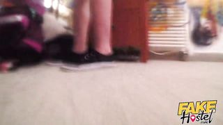 Fake Hostel - Young fiancee with great ass & nice natural tits fucked by older man as boyfriend s. through her squirting orgasms and creampie after she licks ass and deep throats cock