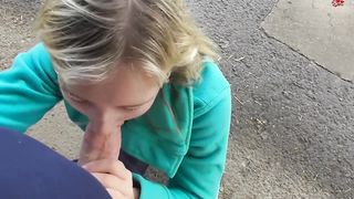 German Girl in Bench Blue Fleece Jacket Giving Head in Public