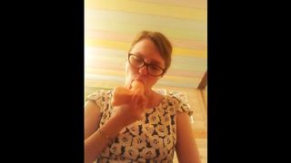 Nerdy Girl in Glasses Sucking Dildo and Fucking Wet Pussy in Summer Dress