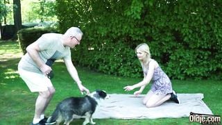 Petite teen blonde takes old man cock in her wet pussy then gives blowjob