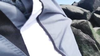 Jerking off on public beach-Big Cum Shot-Hairy Bear