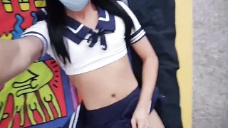 Schoolgirl crossdresser playing with herself