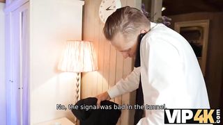 VIP4K. Businessman find a moment to fuck his busty wife and cum inside her