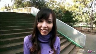 Small Japanese Schoolgirl 18 talk to First Blowjob in Car by old Man