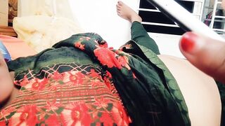 The house wife is having sex with her uncle on the phone in great excitement.