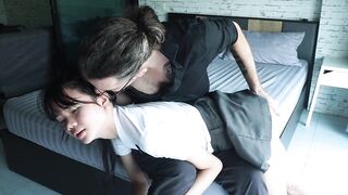 Cute 18yo Asian schoolgirl loves being fucked by her English teacher - after sex she plays with his cum on her tiny tits