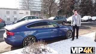 VIP4K. Being locked in the bathroom, sexy bride doesnt lose time and seduces random guy