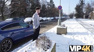 VIP4K. Casual fucking action of the bride in wedding dress and stranger in the bathroom