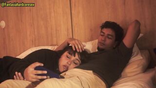 My stepsister swallows my penis after watching the movie, they almost discovered us