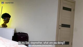 Stepmom and stepson share a bed in a hotel room