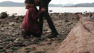 Asian Teen gives Blowjob and Flashes on Public Beach