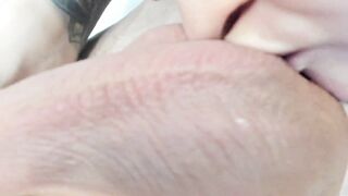 Step sister worships his dick, balls and asshole with sloppy close up blowjob and rimjob