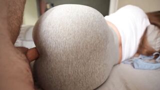 Step sister caught me jerking off and I fucked her through a hole in her leggings