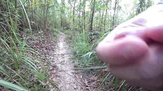 DICK FLASH IN FOREST: Sporty milf caught me jerking off and laughs at my huge cumshot
