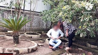 garden Girlfriend with boyfriend blowjob and fucking without condom.