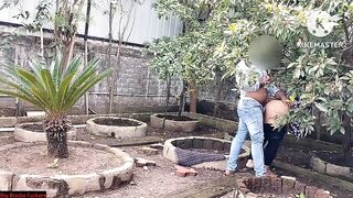 garden Girlfriend with boyfriend blowjob and fucking without condom.