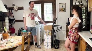 Unfaithful brunette wife cheats on her husband and hard with the moving guy-Dialogues English- Honey ans Biscuits