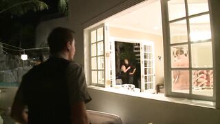 Gorgeous brunette gets loose during party and gets threesome