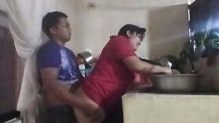 Fucking in the kitchen hidden from my wife, I fuck the cook