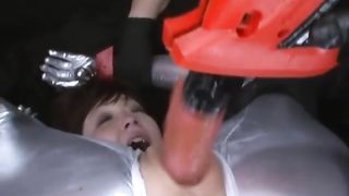 Silver Full Body Suited Teen Fucked with Fucking Machine