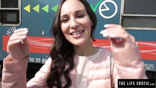 Tall Skinny Girl almost Caught Masturbating in Public at a Train Station