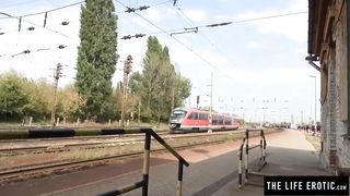 Tall Skinny Girl almost Caught Masturbating in Public at a Train Station