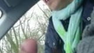 homemade, older chinese lady wanks cock in car
