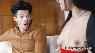 Ebony teen almost busted sucking big cock