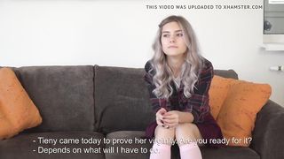 Nervous cutie Tieny Mieny shows her hymen for the first time