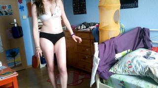 Amateur Teen Strips in Bedroom, Shows Bald Pussy